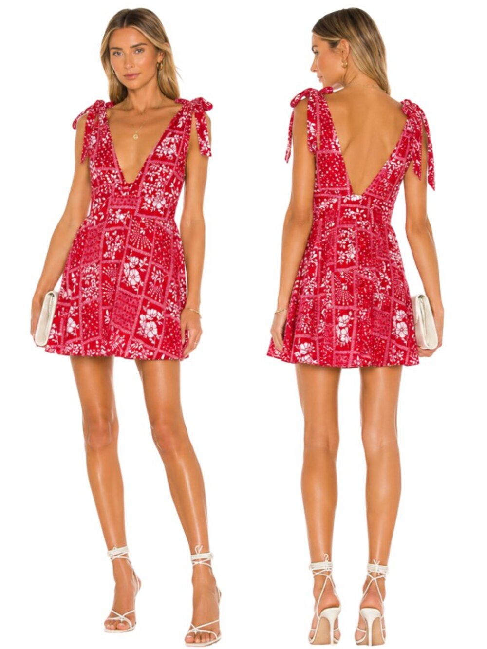 House of Harlow 1960 Linen Bandana Print Mini Dress Women Medium Red Bow Revolve